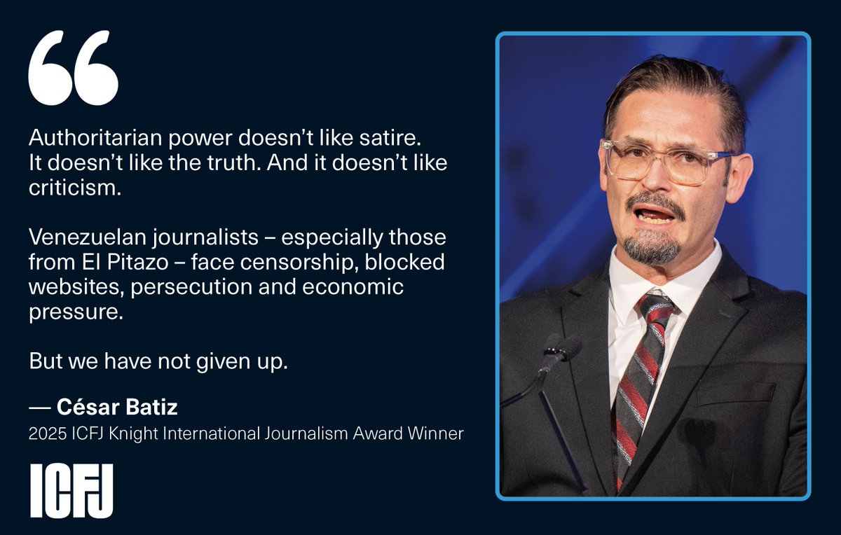 “And as we fight to return home, we know that free journalism will always be stronger than any dictatorship,” said <a href="/CBatiz/">César Batiz</a>, accepting his ICFJ Knight award. Watch his speech: buff.ly/VdIwPxI #ICFJawards