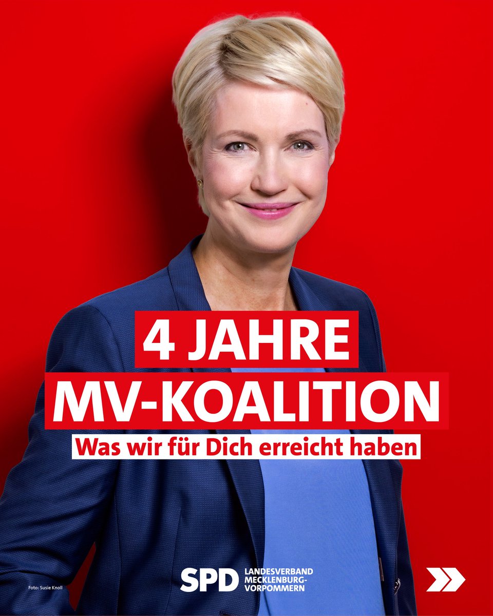 4 Jahre MV-Koalition: Schulgeld für Gesundheitsberufe abgeschafft, über 4 Mio. 🌳 gepflanzt, neue Aufträge für die Werften, Rufbus &amp; Regiobus ausgebaut, Azubi- &amp; Seniorenticket eingeführt, 🚒 modernisiert, Kita &amp; Hort beitragsfrei, Tariftreuegesetz gestartet. Für MV. 💪❤️🌾