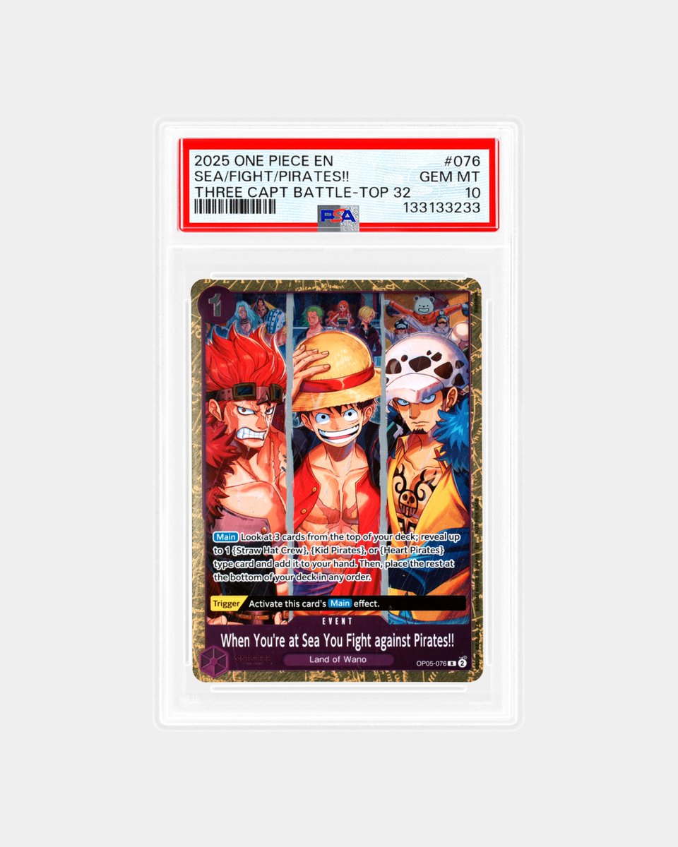 Captains unite on this Pop 1 prize card awarded to one of 32 top players from the ONE PIECE  Pirates League.

The format suits the card art, with three elected captains manning a crew and battling as a team to be among the last pirates standing.
