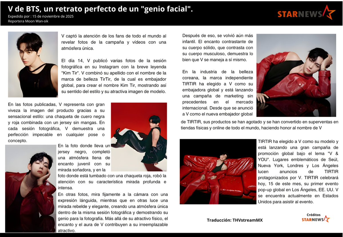 Star News publicó:

 “V de BTS, un retrato perfecto de un genio facial.” ✨

Comentaron sobre las fotos de TIRTIR, destacando su presencia impecable y su belleza inigualable.
Kim Taehyung no solo posa…
 transforma cualquier imagen en un momento icónico. 💄🔥
Da like a la