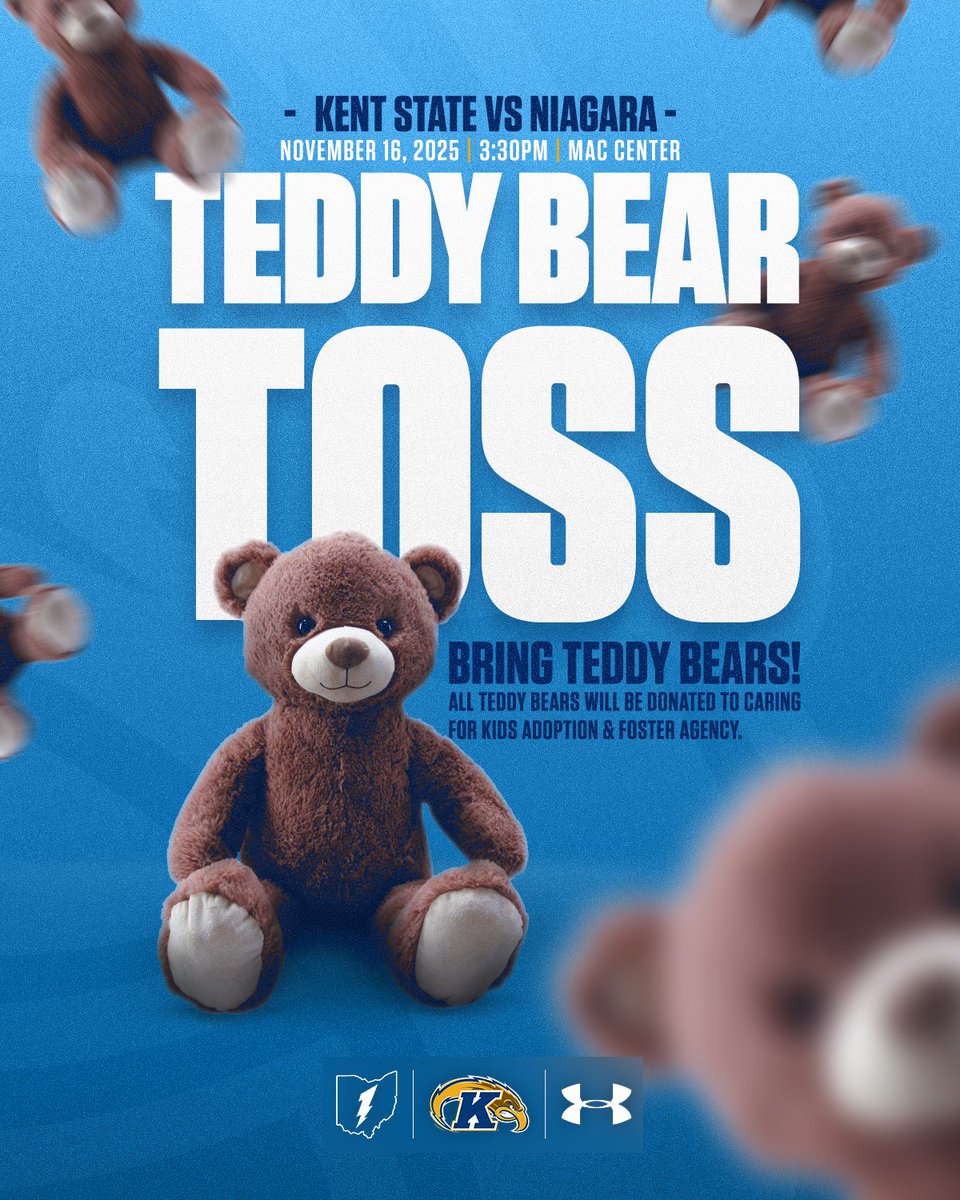 KentStWBB's tweet image. 𝗧𝗲𝗱𝗱𝘆 𝗕𝗲𝗮𝗿 𝗧𝗼𝘀𝘀 🧸

Back home tomorrow for Team IMPACT Day! Stay after for a post-game Teddy Bear Toss. All 🧸 will be donated to Caring for Kids in Stow.

🗓️ Sunday, Nov. 16
⏰ 3:30pm
📍MAC Center
🆚 Niagara
🎟️ t.ly/Ryufo

#GoFlashes⚡️