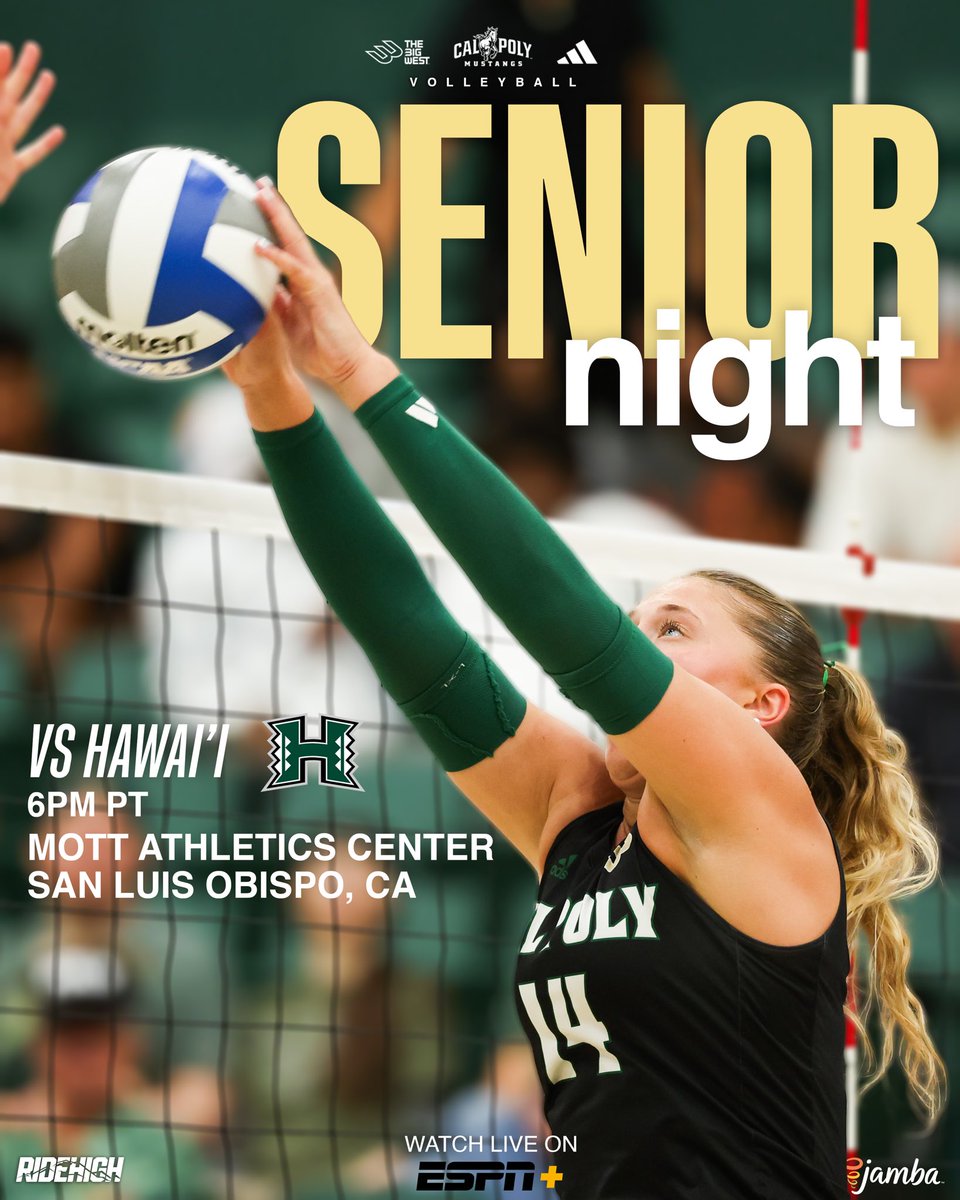 CalPolyVolley's tweet image. Tonight, we celebrate our seniors! 🥰🎓

🆚 Hawai’i
⏰ 6:00 p.m.
📍 Mott Athletics Center
📊 GoPoly.com
📺 ESPN+

#RideHigh