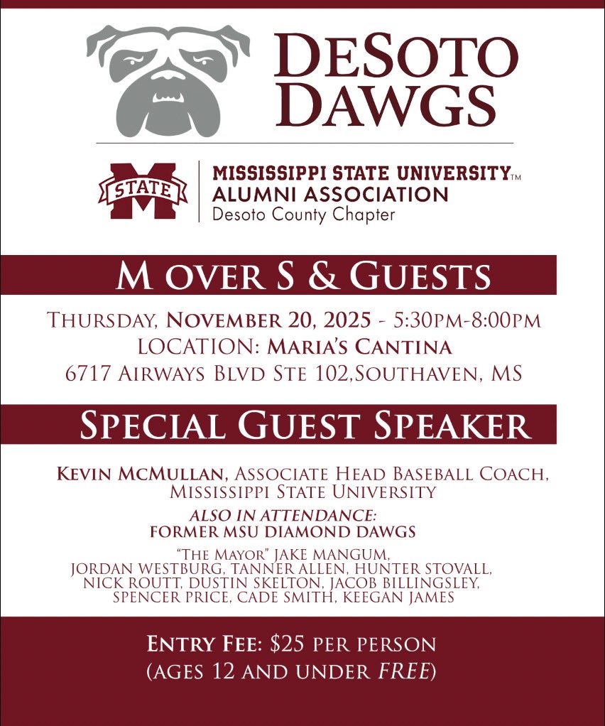 Bulldog Baseball fans come join us Thursday at Maria’s Cantina in Southaven and meet Coach McMullan, current MLB players, Jake Mangum and Jordan Westburg, and your favorite former Diamond Dawg players!
<a href="/HailStateBB/">Mississippi State Baseball</a> 
<a href="/DesotoDawgs/">Desoto Dawgs</a>