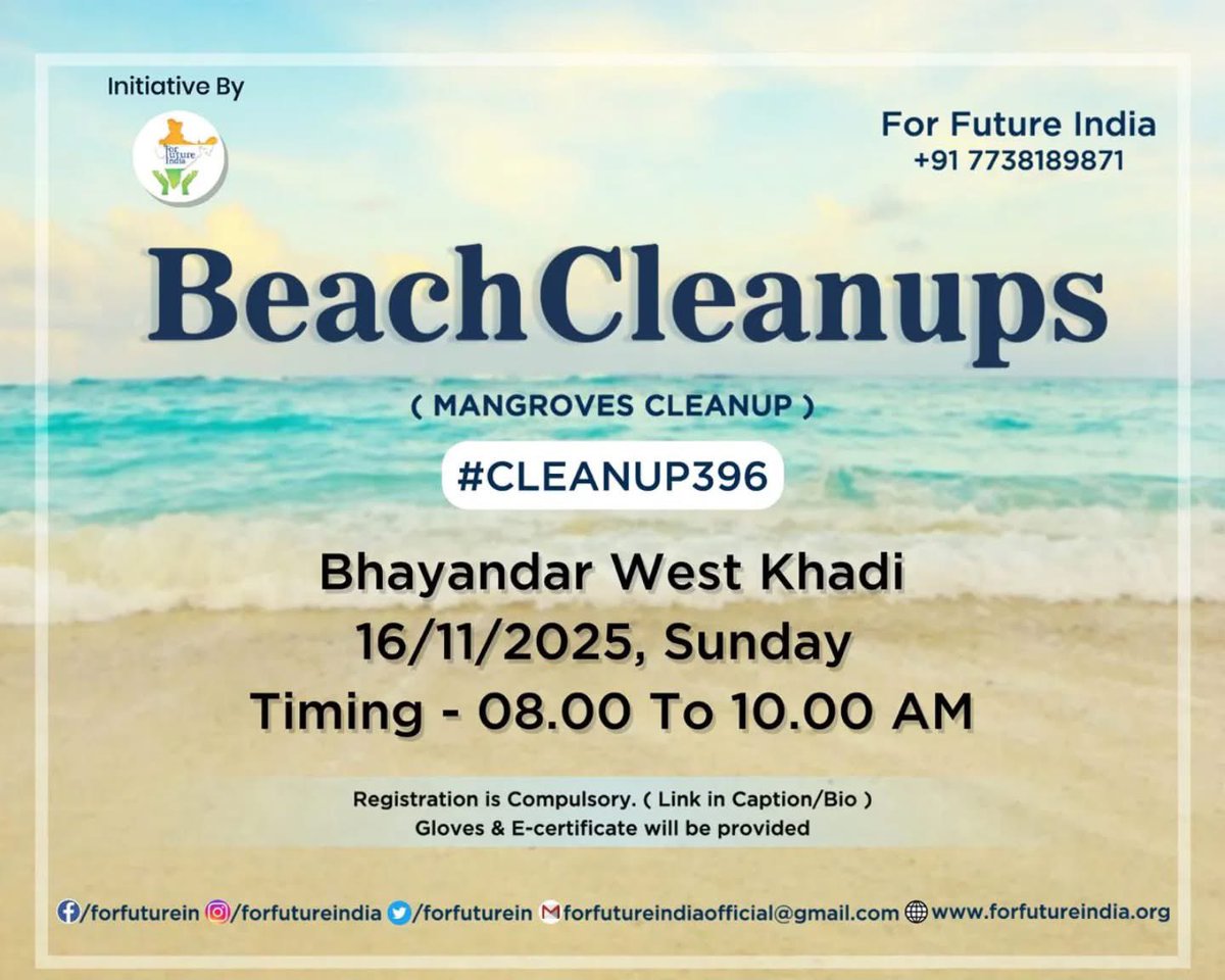 #Cleanup396
#MangrovesCleanup
Bhayandar West Khadi
16/11/2025, Sunday 
Timing - 08.00 To 10.00 AM
 
Location: 
maps.app.goo.gl/NrXYofxGBop2yg…

Registration is Compulsory.
forms.gle/kiLMCvDv9iyUH1…
Gloves &amp; E-Certificate will be provided.

#ForFutureIndia #HarshadDhage
#ForFutureIndiaTeam