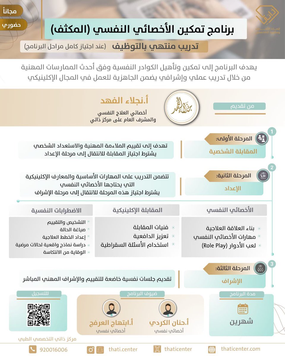 af_6y's tweet photo. يعلن مركز ذاتي التخصصي الطبي بمدينة #الرياض عن توفر برنامج تمكين الأخصائي النفسي (المكثّف). 

تدريب حضوري مجاني (( ينتهي بفرصة توظيف بعد إتمام جميع المراحل)). 

التسجيل عبر الرابط👇🏻: 

https://t.co/LpnjgV3J8C https://t.co/YyQbS3z79g