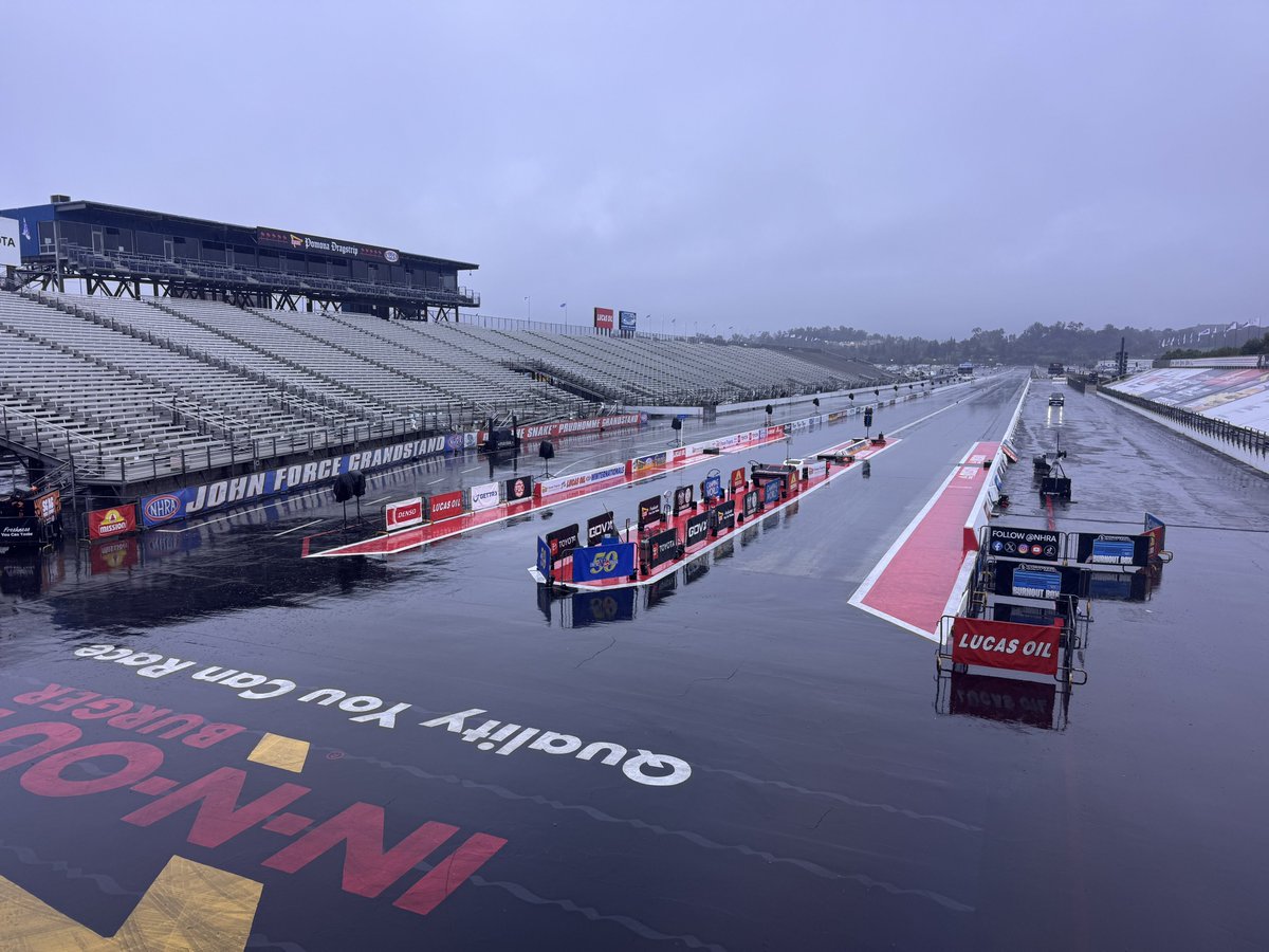 NHRA's tweet image. RACING UPDATE: Rain is still coming down and we are still on hold at @PomonaDragstrip. 

In-N-Out Burger #NHRAFinals