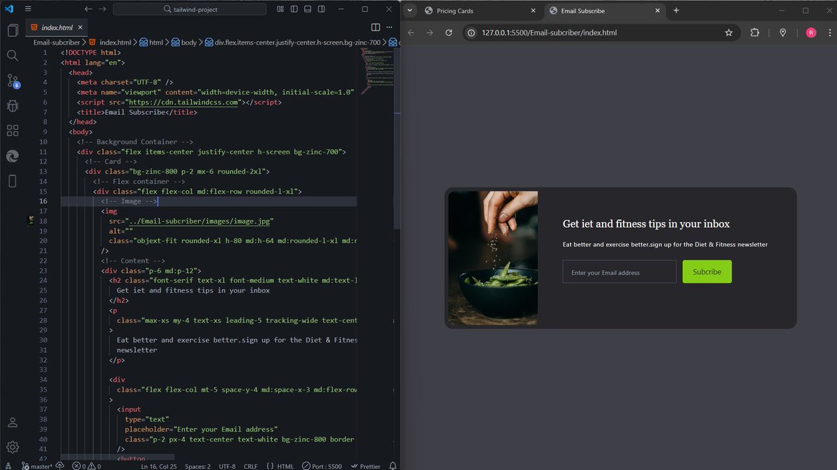 donfttp's tweet image. #Day52
Learned how to use Tailwind with Webpack and customized the setup. Also built three mini projects from the course:
1.Pricing Card
2.Email Subscriber
3.Product Modal
#100DaysOfCode #TailwindCSS
