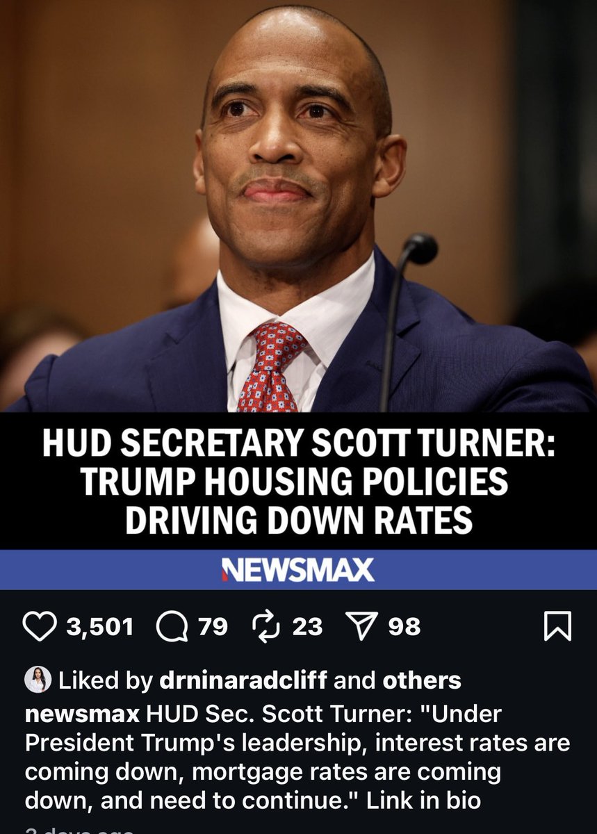 WellsJorda89710's tweet image. 🚨 HUD Sec. Scott Turner drops truth bomb: Trump’s housing policies are SLASHING interest &amp;amp; mortgage rates! 🇺🇸 "Under his leadership, rates are dropping &amp;amp; must keep falling!" Link in bio. #Trump2024 #HousingWins #AmericaFirst (3,501 💖 | 79 💬 | 23 🔄 | 98 📈)