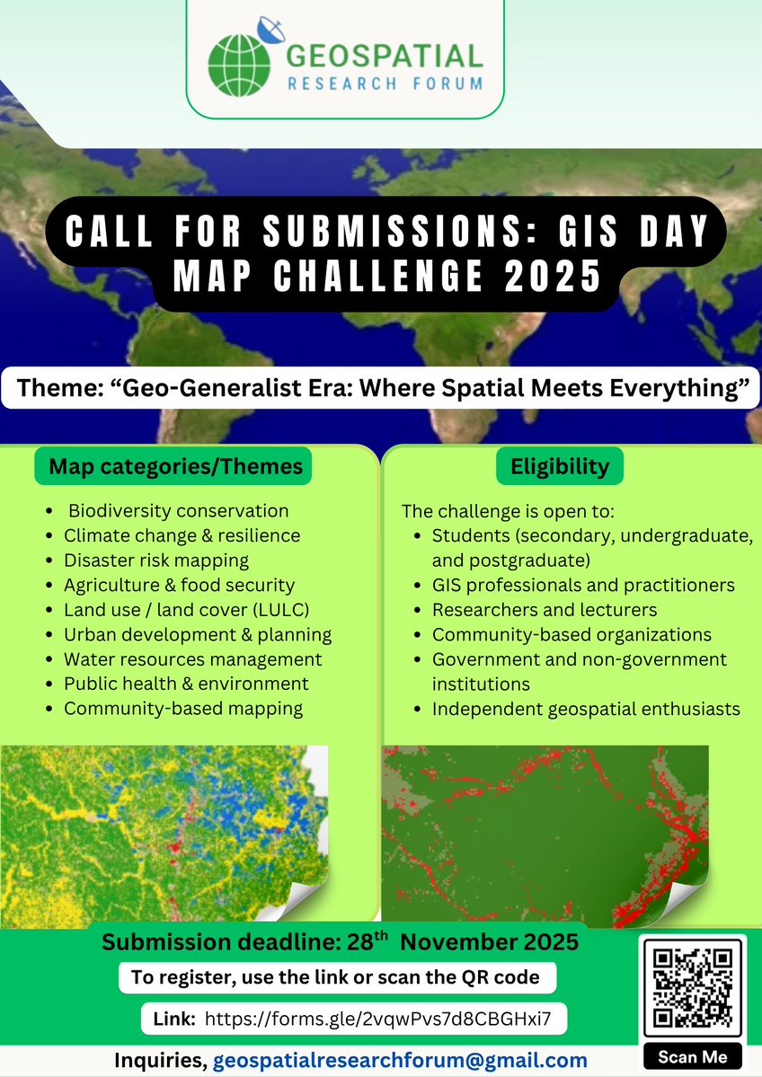GeospatialRF's tweet image. Geospatial Research Forum (GRF) invites global participants to showcase their mapping creativity &amp;amp; geospatial skills! 🗺️🔥

All disciplines • All regions • All experience levels welcome!

🔗 Enter the challenge: linkedin.com/feed/update/ur… 
#GISDay2025 #MappingChallenge
