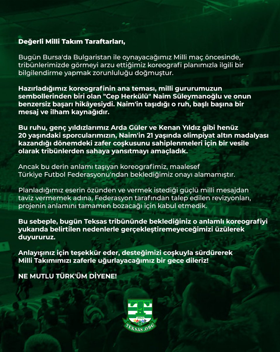 bpthaber's tweet photo. Teksas taraftar grubu, Türkiye-Bulgaristan maçı öncesi koreografi hazırlandığı ancak TFF'nin onay vermediğini açıkladı:

"Derin anlam taşıyan koreografimiz, maalesef Türkiye Futbol Federasyonu'ndan beklediğimiz onayı alamamıştır." https://t.co/GkIJBw3GEX