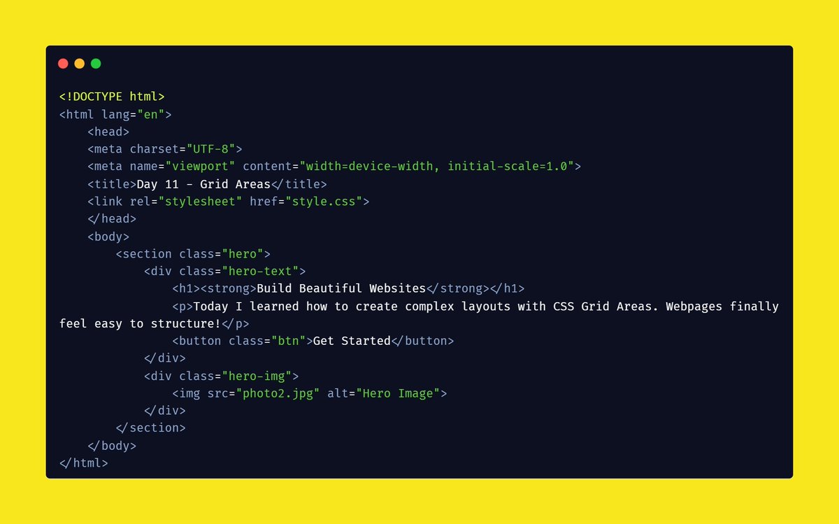 perfect_sarwan's tweet image. 🌱 Day 11 of #30DaysOfWebDev
Dived deeper into CSS Grid and built a real hero section using Grid Areas.
Understanding how big websites structure their layouts is getting way easier! 😄

#WebDev #CSSGrid #CodingJourney