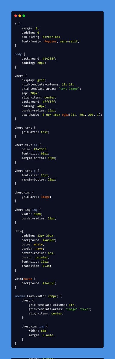 perfect_sarwan's tweet image. 🌱 Day 11 of #30DaysOfWebDev
Dived deeper into CSS Grid and built a real hero section using Grid Areas.
Understanding how big websites structure their layouts is getting way easier! 😄

#WebDev #CSSGrid #CodingJourney