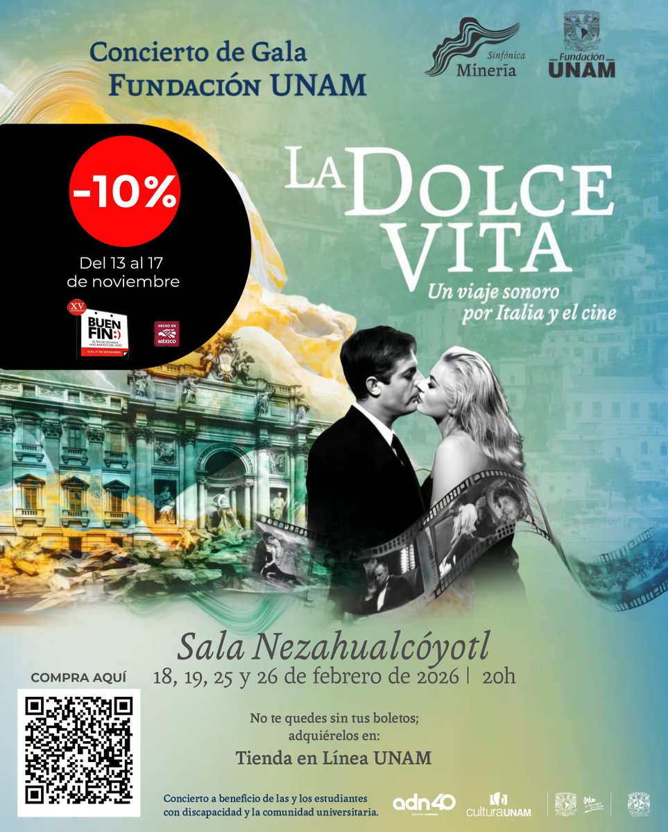 Fundacion_UNAM's tweet photo. ✨ ¡Celebra el #BuenFin con música y cine! 🎬
Disfruta un descuento único para vivir la magia de nuestra #GalaFUNAM:
🎻 “La Dolce Vita. Un viaje sonoro por Italia y el Cine”. 🇮🇹
🎁 Perfecto para regalar o consentirte.
🎟️ Adquiere tus boletos aquí 👉 https://t.co/UuhmCbBtkq https://t.co/zcQjPAm1QQ