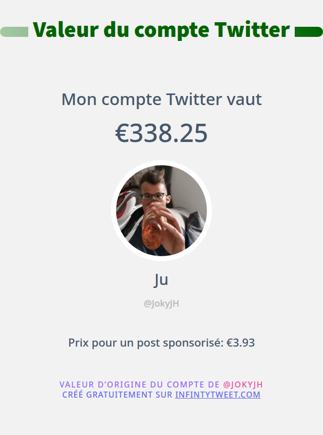 JokyJH's tweet photo. Mon twitter vaut: €338.25

➡️ https://t.co/L0VnmWPVVY https://t.co/QJheZ0bt7b