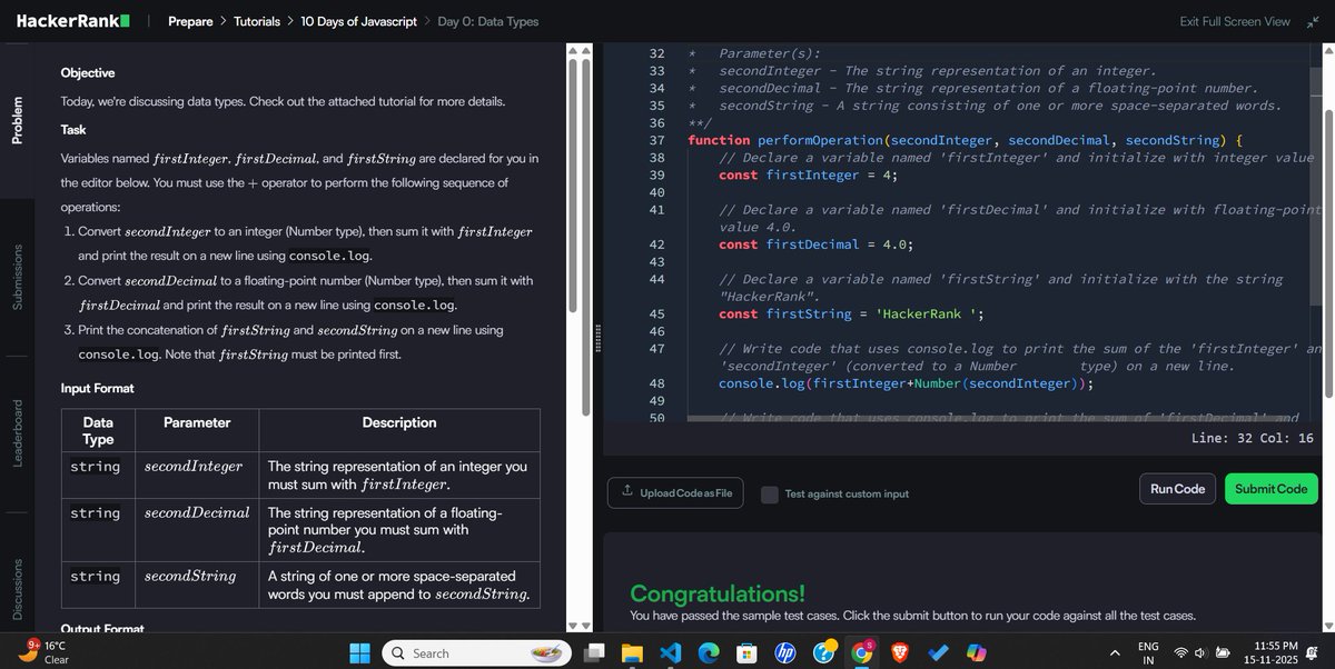 Sameer5714's tweet image. Solving some basic js question on @hackerrank 
. Day-0 Hello World 
. Day-0 Data Type 
understanding function concept parameters, arguments 

#javascriptlearning  #WebDevelopment #HackerRank #CodingJourney