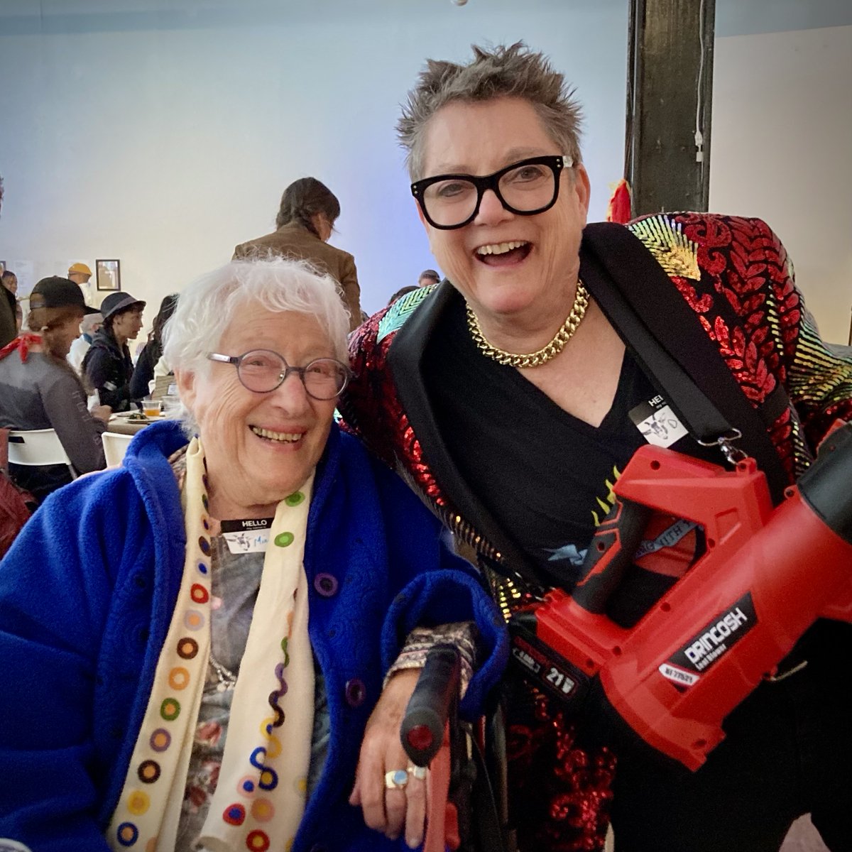 Celebrating Beth's 65th Birthday today at Cushion Works Gallery in SF, 12 to 5. You're invited! She's seen here with Minnette, our friend, who is 97 and counting. Beth's a baby! She's holding a leaf blower, fyi. xx Come and git tit!