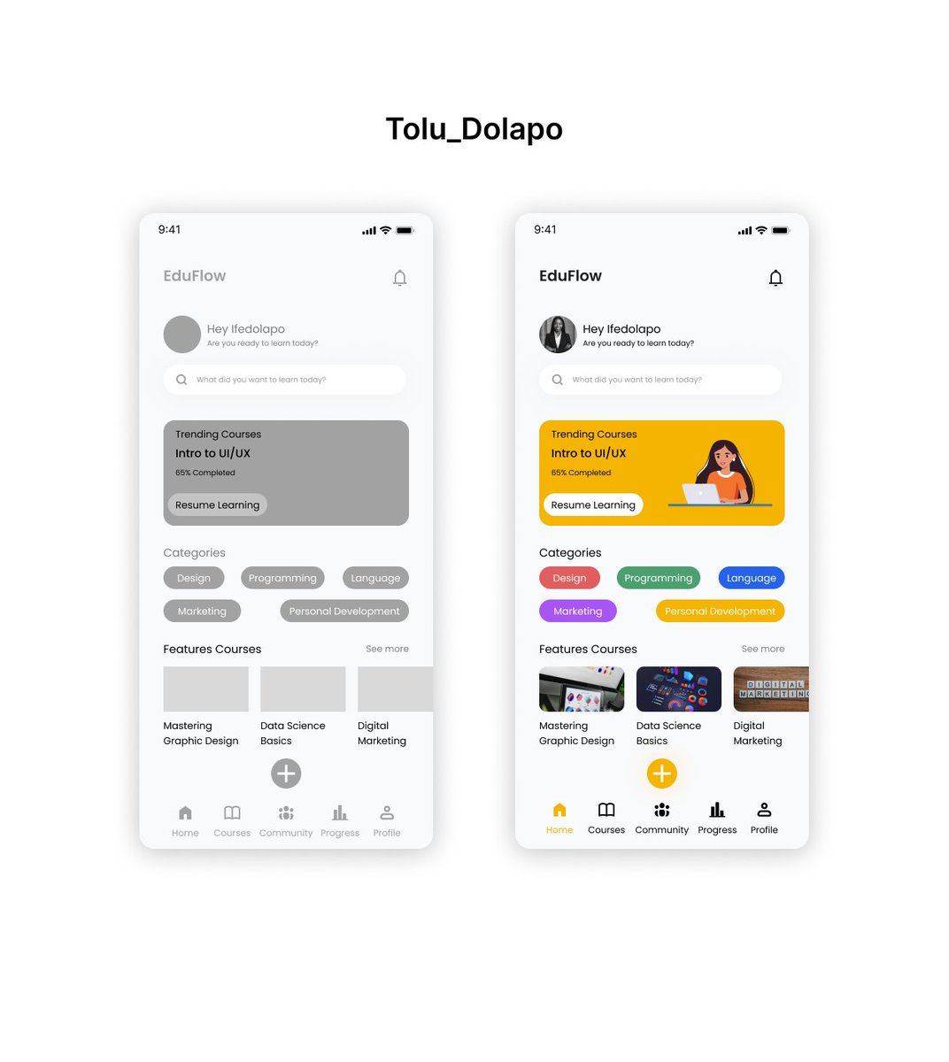 Toluwanimie456's tweet image. Day 15 is hereee! 
Designed the home screen of an educational app easy navigation, personalized learning + a touch of fun!
If learning looked like this everyday, I’d never skip class 
I designed the mid-fi and bring it to life with the High-fi
#DesignTok #UXUIDesign #UIChallenge