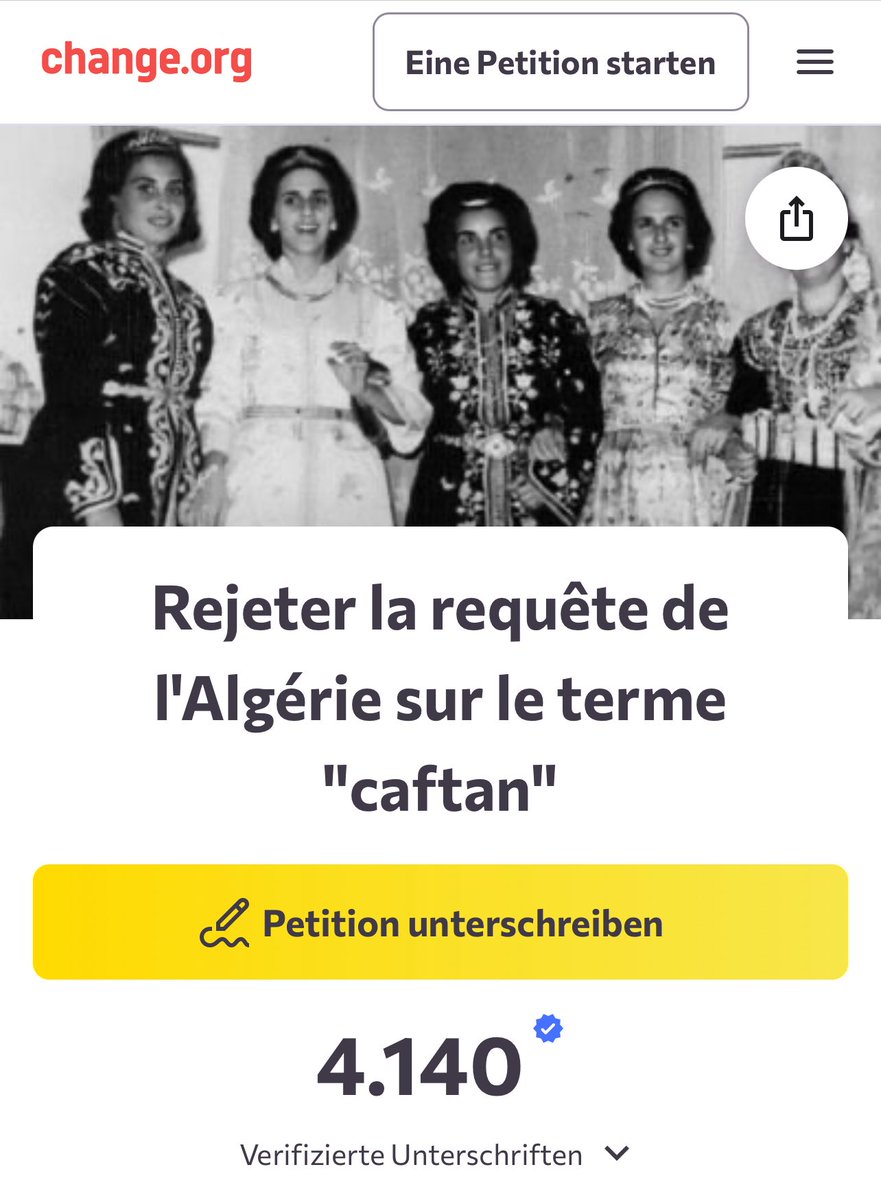 المرجو الكل يدخل يتسجل في العريضة لحماية القفطان من السطو  الجزائري …
رابط العريضة
change.org/p/rejeter-la-r…
#المغرب #ديما_مغرب #القفطان_المغربي #القفطان