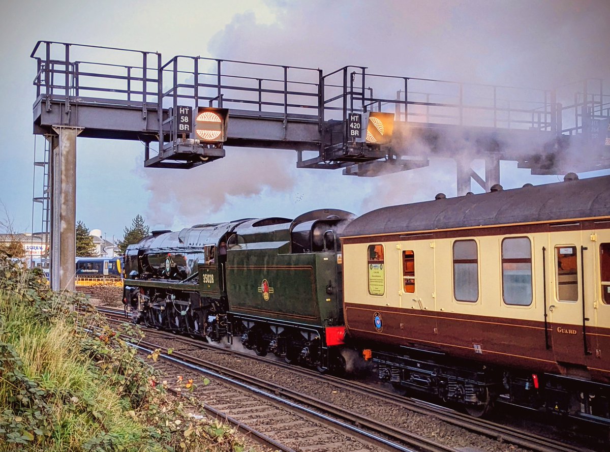 The 'Clan Line' Steam Locomotive, hauling a UK Railtours 'Portsmouth Pullman' service from London Victoria to Portsmouth Harbour.