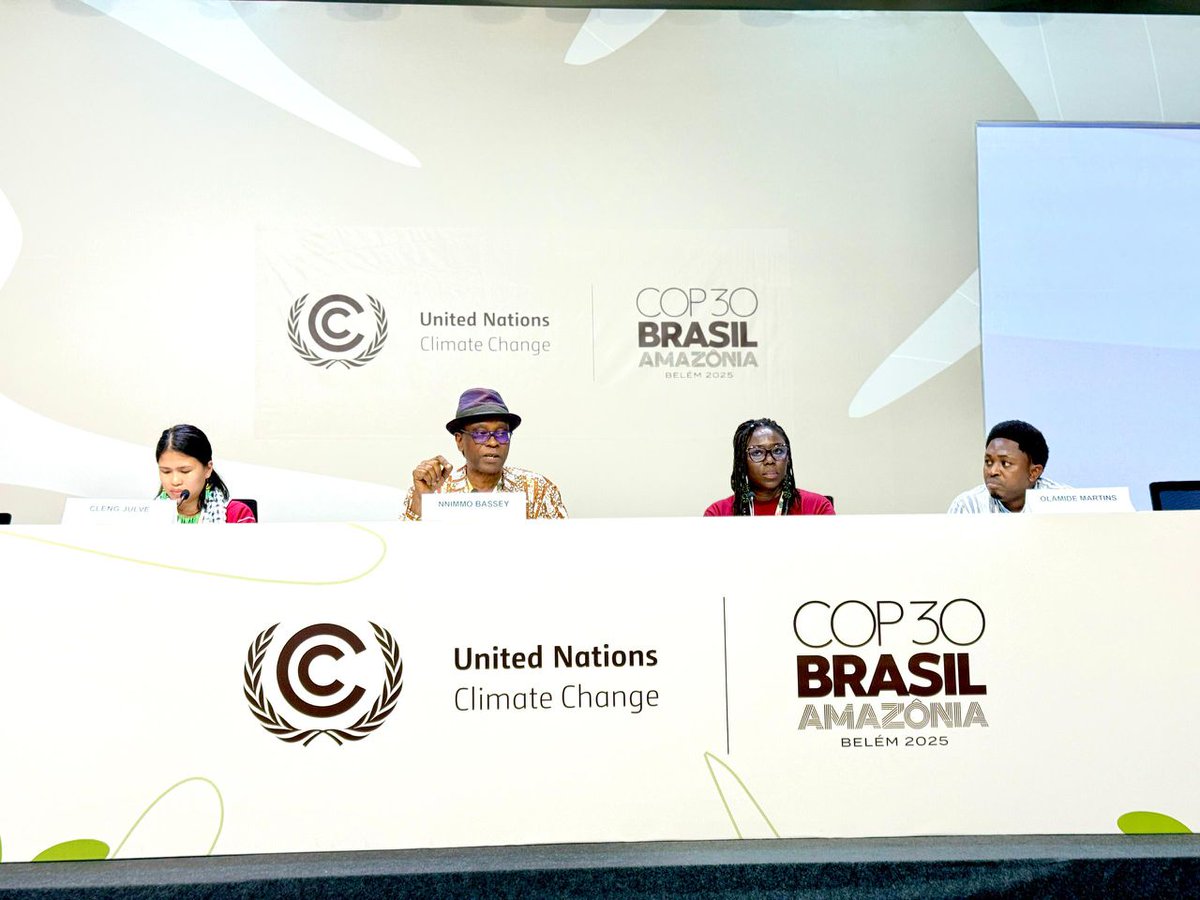 CAPPAfrica's tweet photo. At the ongoing #COP30, at a side event organized by @oilwatchafrica1 and @EcoHomef, @CAPPAfrica's @OlamideMartinss joined others to call for the adoption of the powerful template already offered by the Ogoni people of the Niger Delta (Nigeria) and the Yasuni people of Ecuador. 

Long before the intrusion of corporate profiteers, Indigenous communities thrived on native knowledge, lived wisdom, and local adaptation practices that safeguarded both people and planet.