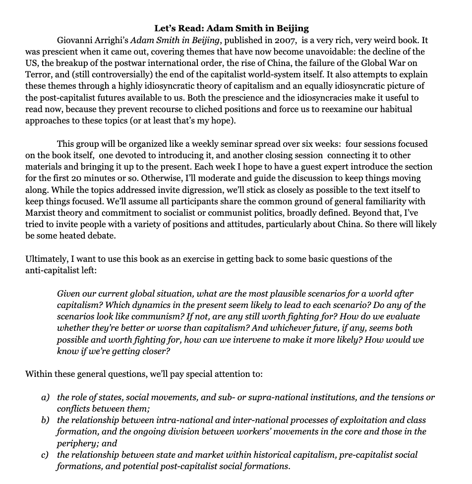 lakeeater's tweet image. Very excited to announce that I&apos;m finally hosting a long-planned, six-week, seminar-style reading group for Giovanni Arrighi&apos;s &apos;Adam Smith in Beijing&apos; online in January, fill out the form below if you&apos;re interested!
forms.gle/BD6LLEg29P1QY5…