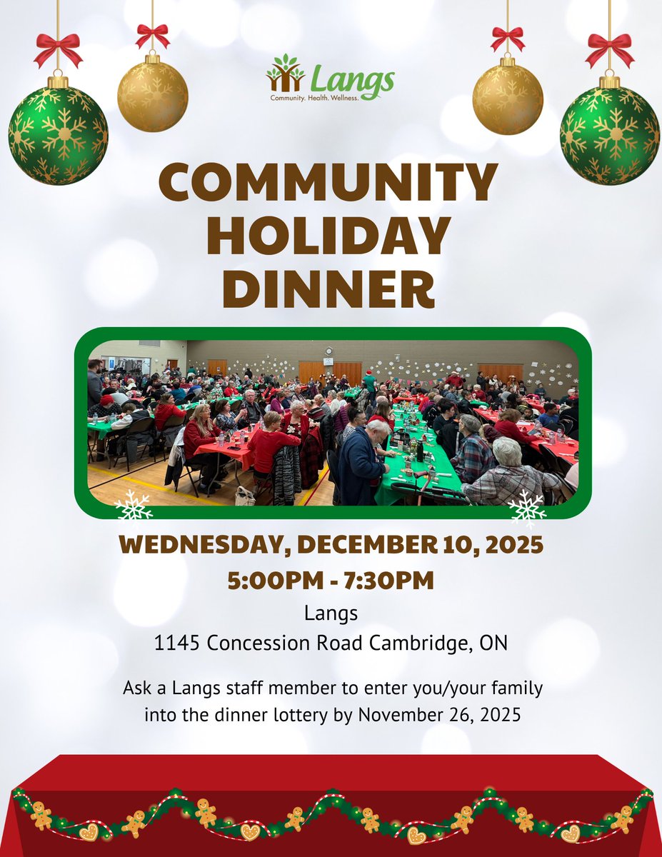 LangsCommunity's tweet image. The Community Holiday Dinner is coming up. If you&apos;ve been an active participant or patient this past year, speak to your staff contact to be entered into the draw for tickets!