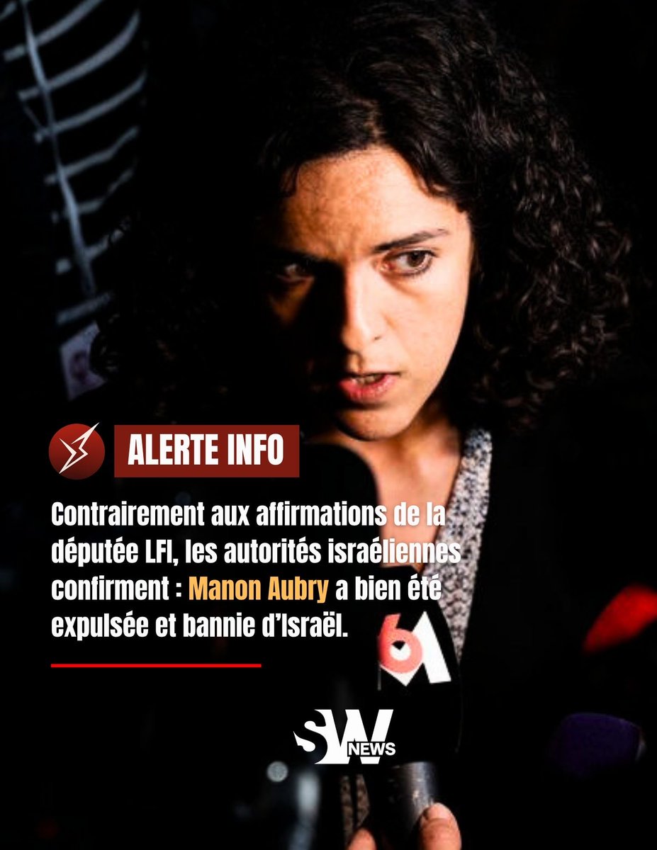 🔴🇫🇷 | ALERTE INFO &gt; Les autorités israéliennes confirment : Manon Aubry a bien été expulsée et bannie d’Israël

L’eurodéputée La France insoumise (LFI) Manon Aubry est rentrée à Bruxelles après un séjour en Israël qui s’est achevé brutalement : les autorités israéliennes l’ont