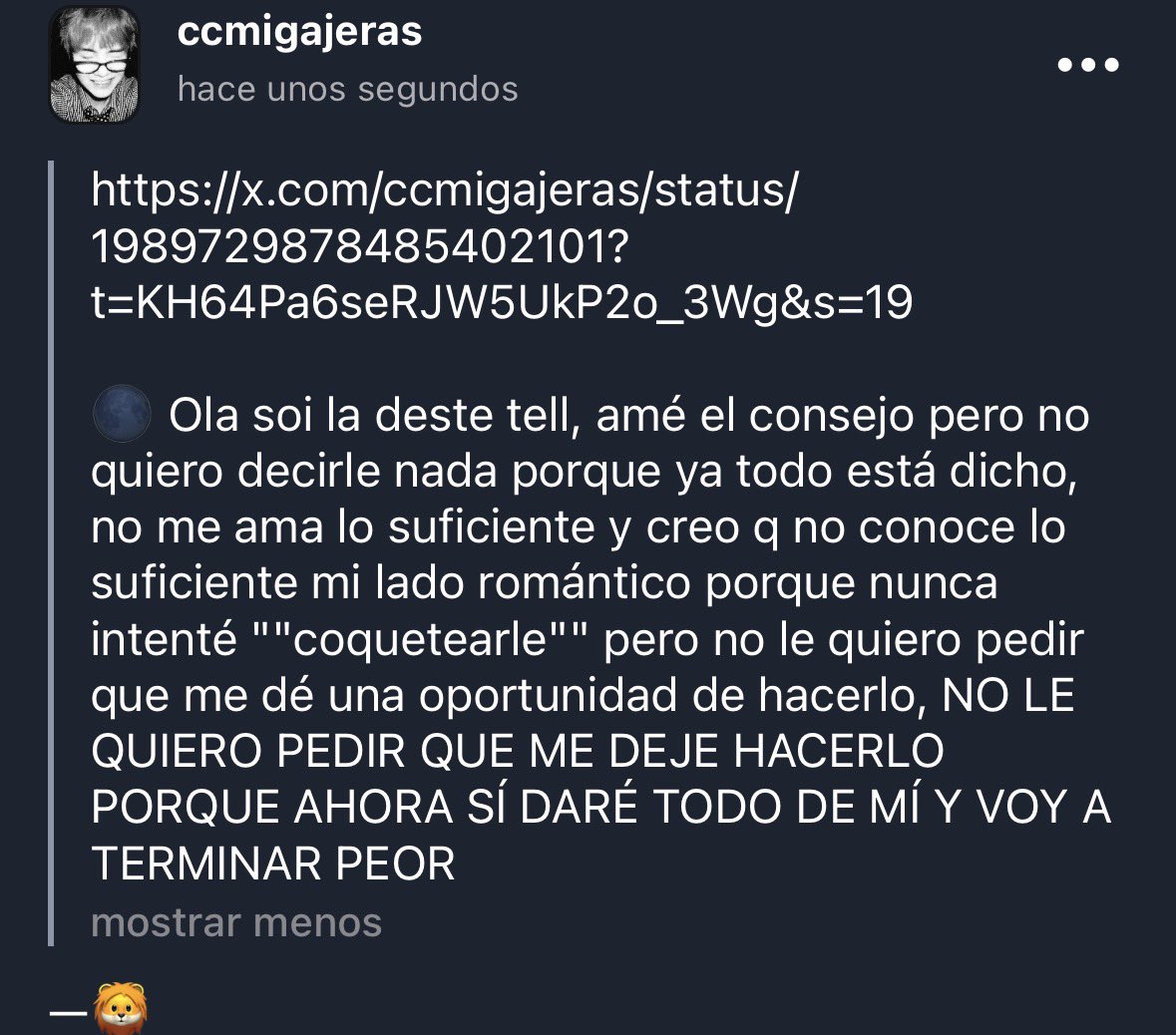 ccmigajeras's tweet photo. https://t.co/9rTEnNVMXy
Coincido con admin galleta anonsite, sientes miedo de dar todo y querer deje sin nada y esa persona tmb tiene miedo de no merecerte, ambos tienen temor, yo recomendaría que no intenten algo hasta curarse o hablarlo, luego pueden ver pero por su bien+ https://t.co/QYSQc1EzV6