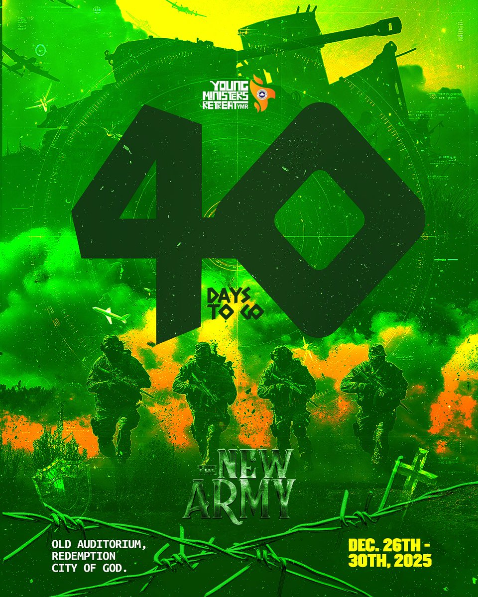 ymrglobal's tweet image. 40 DAYS TO GO!
Expect intense worship, clear direction, supernatural moments and a wave of souls turning to Jesus.
A global gathering like no other.

26th to 30th December 2025
Old Auditorium, Redemption City of God

Register: register.ymrglobal.org

#YMR2025
#TheNewArmy