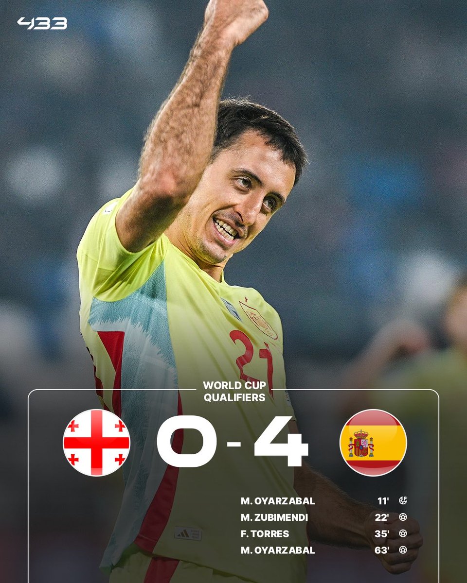 𝑺𝑷𝑨𝑰𝑵 𝑸𝑼𝑨𝑳𝑰𝑭𝒀 𝑭𝑶𝑹 𝑻𝑯𝑬 𝑾𝑶𝑹𝑳𝑫 𝑪𝑼𝑷 🌎🏆

…unless Türkiye beat them 7-0 or more on Tuesday 👀

Spain’s perfect campaign: 👇

🏟️ 5 matches
✅ 5 wins
⚽️ 19 goals
🧤 0 conceded