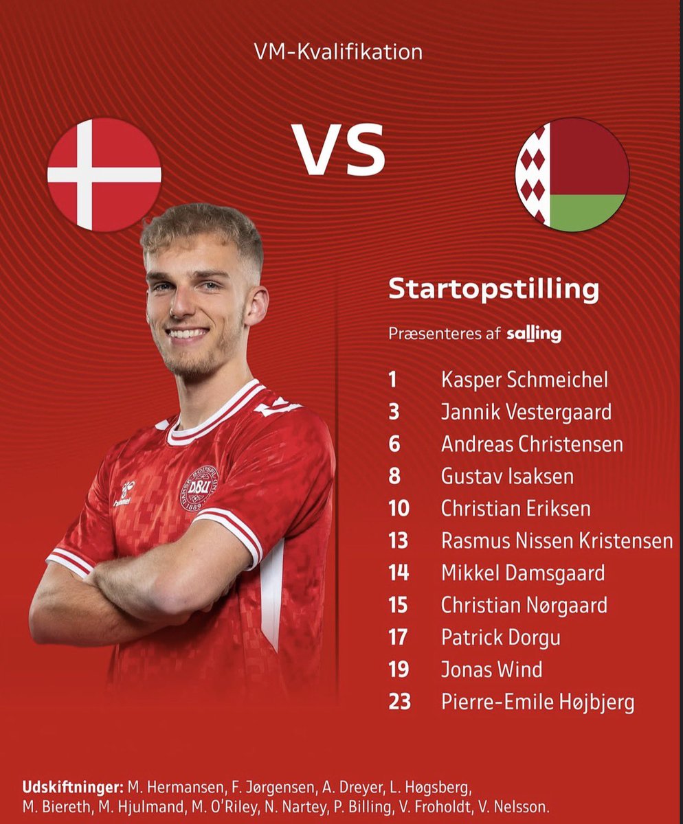 🇩🇰 Gustav #Isaksen partirà dal primo minuto nella gara tra Danimarca e Bielorussia