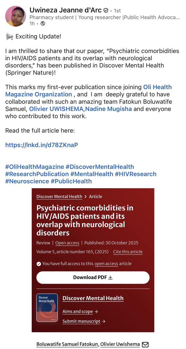 Thank you so much for sharing our latest published paper! Congratulations on your first paper with <a href="/OliHealthOrg/">Oli Health Magazine Organization</a> !