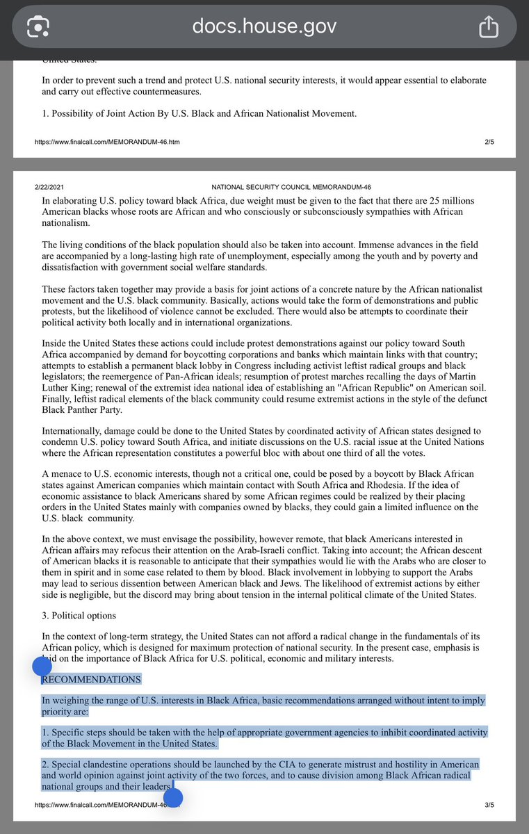 KhadirTAlbert's tweet image. Yes! Here’s the link to NSCM-46 on the house.gov repository:

docs.house.gov/meetings/JU/JU…

“SUBJECT: Black Africa and the U.S. Black Movement

In weighing the range of U.S. interests in Black Africa, basic recommendations arranged without intent to imply
priority are:…