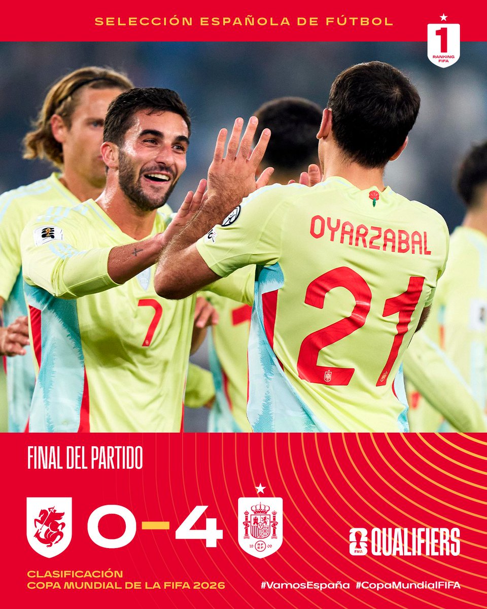🏁 ¡¡𝗙𝗜𝗡𝗔𝗟 𝗗𝗘𝗟 𝗣𝗔𝗥𝗧𝗜𝗗𝗢 𝗘𝗡 𝗧𝗜𝗙𝗟𝗜𝗦!!

Goleada de España en Georgia para acercarnos muy mucho al Mundial.

🇬🇪 🆚 🇪🇸 | 0-4 | 90+4’

#VamosEspaña | #CopaMundialFIFA
