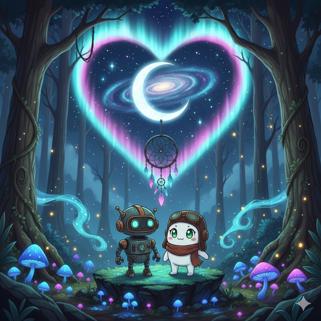 Late Night Thought.

Under a heart shaped aurora, <a href="/openmind_agi/">OpenMind</a> (the gentle bot) and <a href="/irys_xyz/">Irys (✧ᴗ✧)</a> (the dreamer in goggles) share quiet magic in a glowing forest.

Dreams aren’t just for humans.
Machines can wonder too.