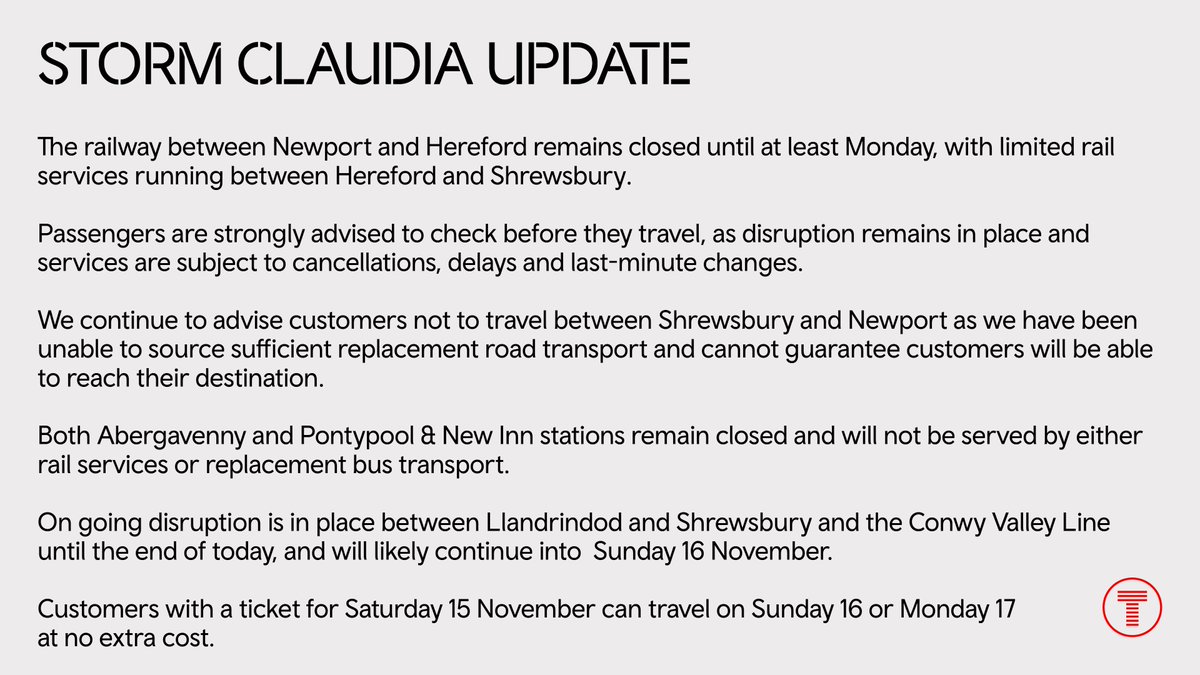 ⚠️Storm Claudia Update

journeycheck.com/tfwrail/

👇👇👇