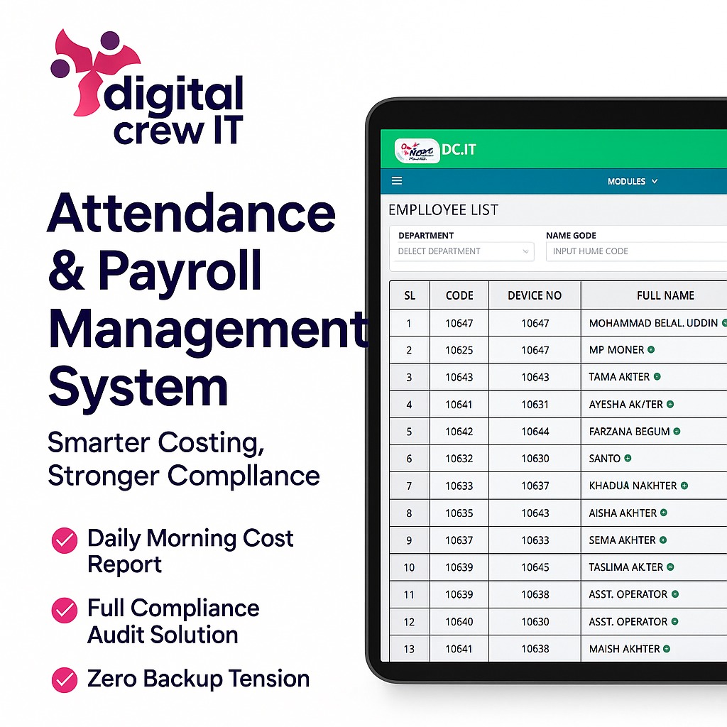 digitalcrewit's tweet image. ✨ Factory Owners &amp;amp; HR Teams — Your Daily Costing &amp;amp; Compliance Solution is Here! Get Manpower report within 5 min after factory start. No delay!

Managing a factory means controlling the biggest expense 

#FactoryManagement #PayrollSoftware #AttendanceSystem #payroll
