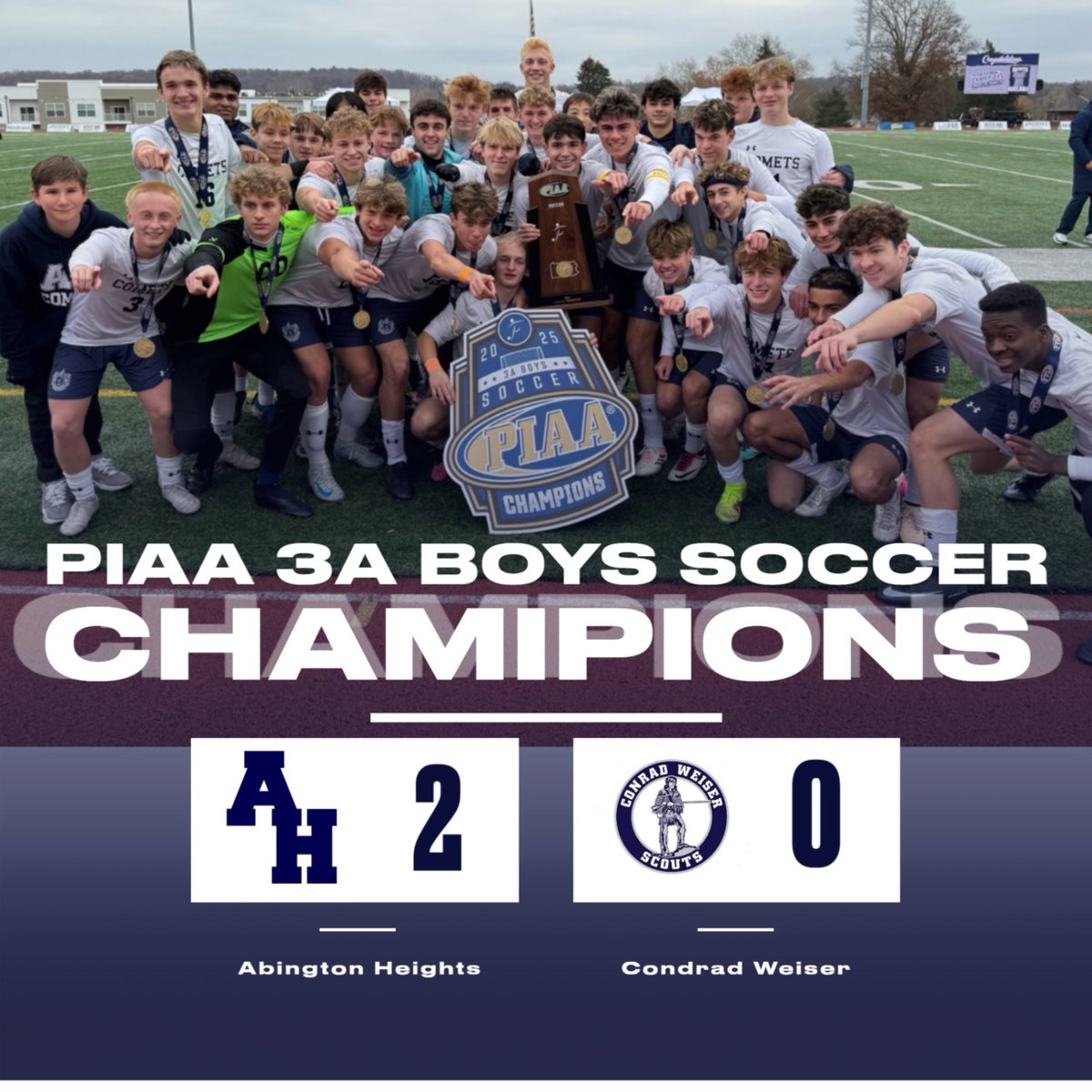 🏆 STATE CHAMPIONS! ☄️
@ahcometsbsoc beats Conrad Weiser 2–0 to win the PIAA 3A STATE TITLE — the first in program history!
Goals: Pivirotto (37:11), Bustos header from Mitchell FK (17:18).
💙 Welcome the champs home ~3:50PM w/ police &amp; fire escort! #GoComets #StateChamps 💙🤍