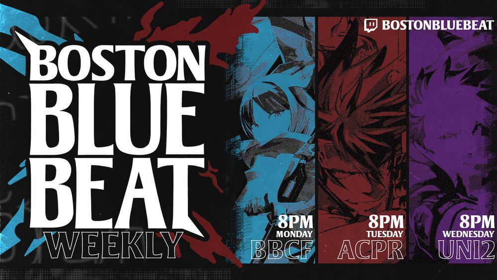 Bracket links are up for next week's tourneys!

Boston Blue Beat: Online 2025 - 11/17 to 11/19

📋: start.gg/bbbo

#BBCF: matcherino.com/tournaments/17…

#GGXXACPR: matcherino.com/tournaments/17… 

#UNI2: matcherino.com/tournaments/17…