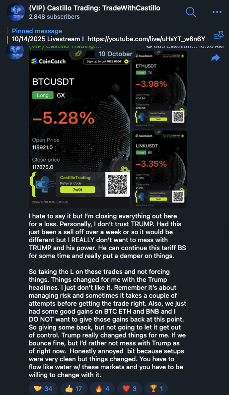 CastilloTrading's tweet image. Probably one of my worst trading stents in awhile, not afraid to admit it. A few things saved me along the way:

1) Going flat before the mass 10/10 liquidation occurred. I simply didn&apos;t trust Trump. Was it lucky? Yes, but I will take luck any day and trusting my gut when the…