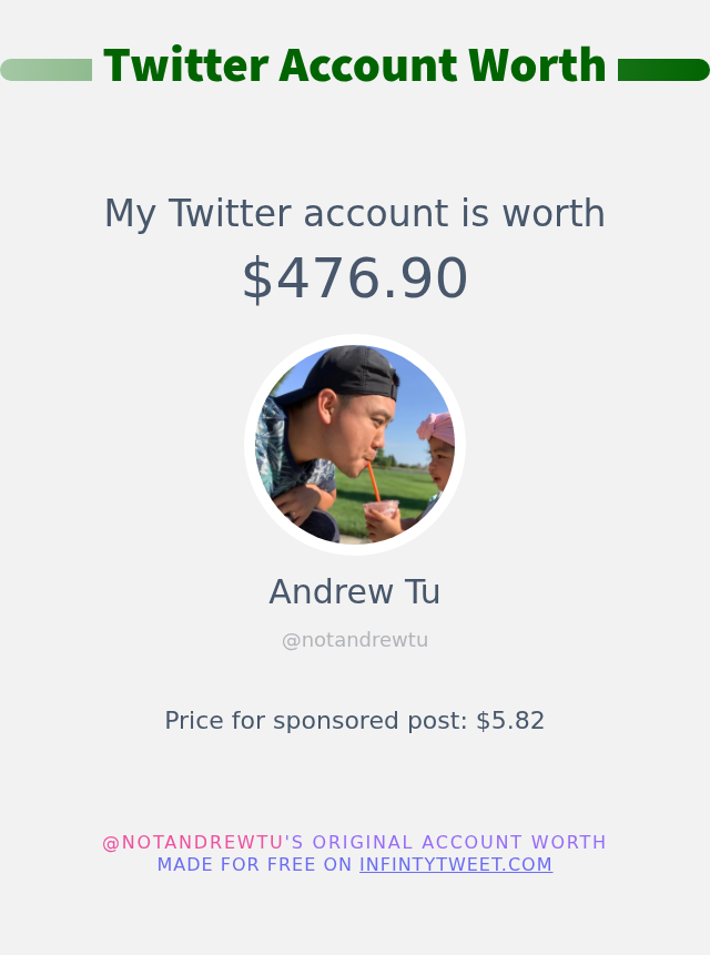 notandrewtu's tweet photo. My Twitter worth is: $476.90

➡️ https://t.co/YYzs9GPat7 https://t.co/5DaqTcBMz0