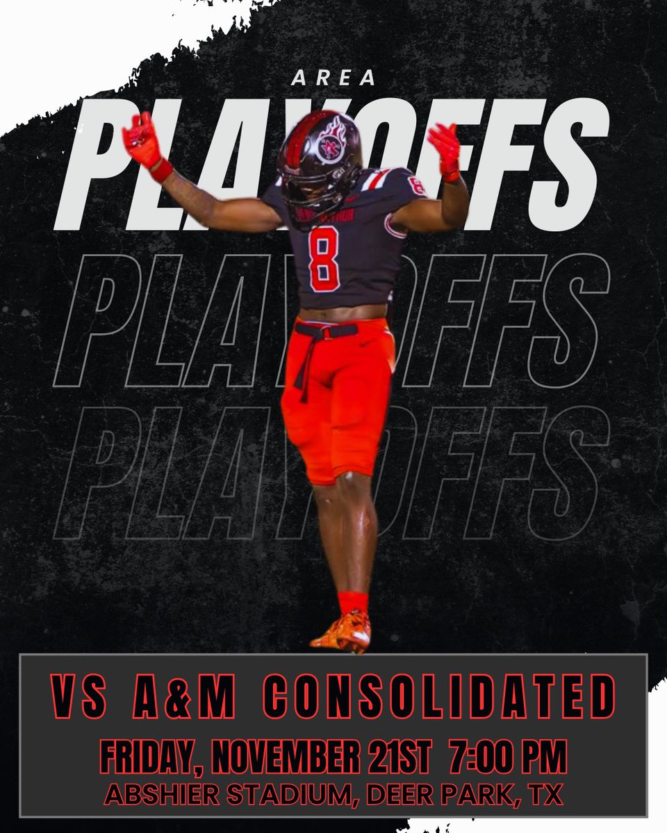 🏈🏆Football Playoffs Area Round🏆🏈

Our UNDEFEATED Titans vs the A&amp;M Consolidated Opps

Friday, November 21
7pm
Abshier Stadium 
Deer Park, TX

Ticket info and link to purchase, as well as  district livestream options, will be posted as soon as we have it.