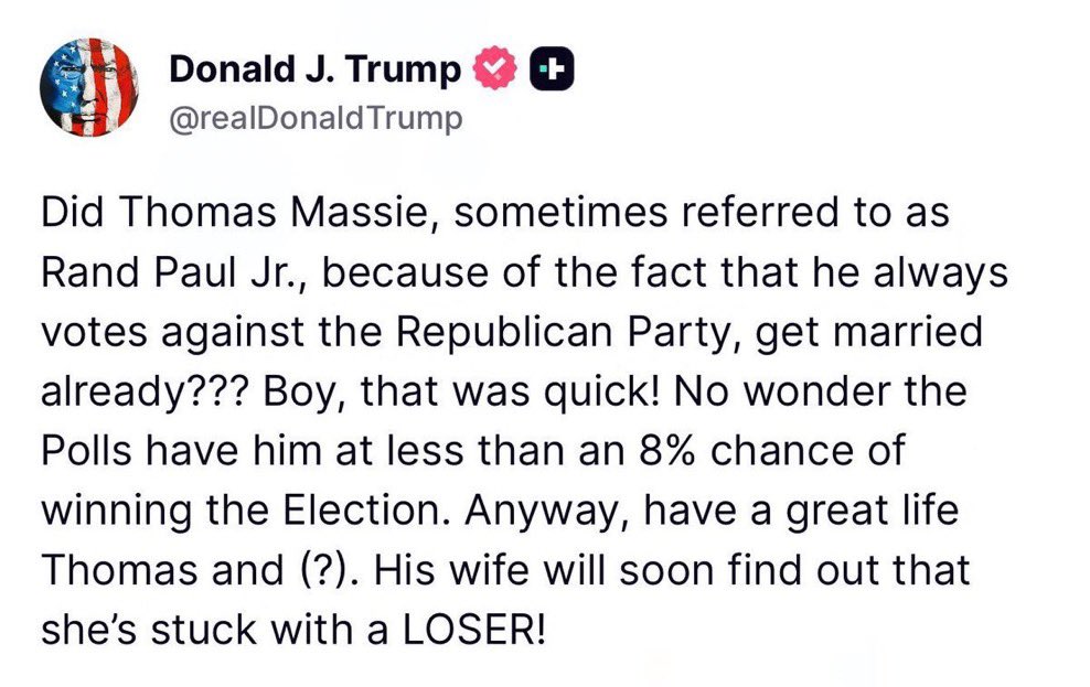 This is just so deeply vile on a human level. I’m no Massie fan, but the guy tragically lost his wife &amp; remarried. Trump, by contrast, treats women like garbage &amp; was joined at the hip with a pedophile network.

Trump is a psychopath. He represents the worst of humanity.