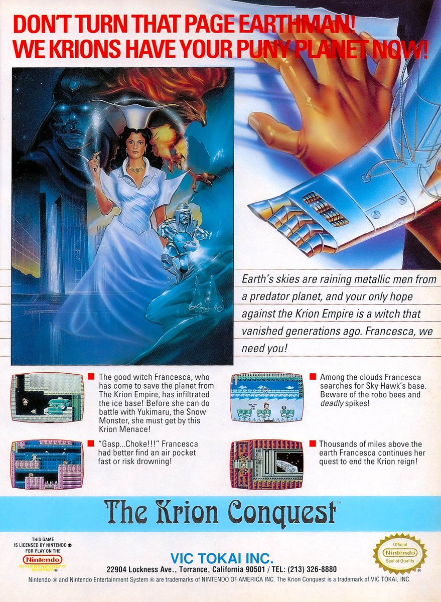LancasterPhotog's tweet image. “I’ll take Misleading Game Artwork for 200, Alex.” •••• #krionconquest #thekrionconquest #victokai #ad #vintagead #francesca #nes #nintendoentertainmentsystem #retrogaming #gamepro #1991 #magazine #retromagazine