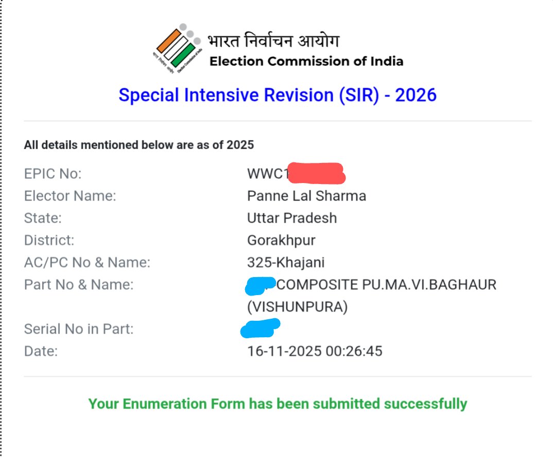PanneOfficial's tweet photo. @ECISVEEP #sirup I have submitted SIR Enumeration Form-2026 online. The online process is very simple and quick. Thank you #electioncommissionofindia #ElectionCommission https://t.co/Kv5Z6dctk2