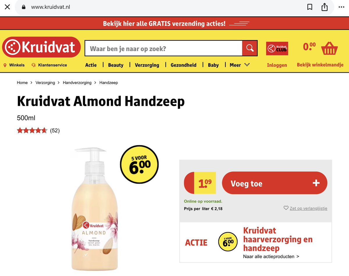 GenBoem's tweet image. Een bijzondere #aanbieding van #Kruidvat!

Een flesje Almond #handzeep kost 1,09.

Koopt u er vijf? 
Dan mag u 55 cent extra betalen, 6 euro.