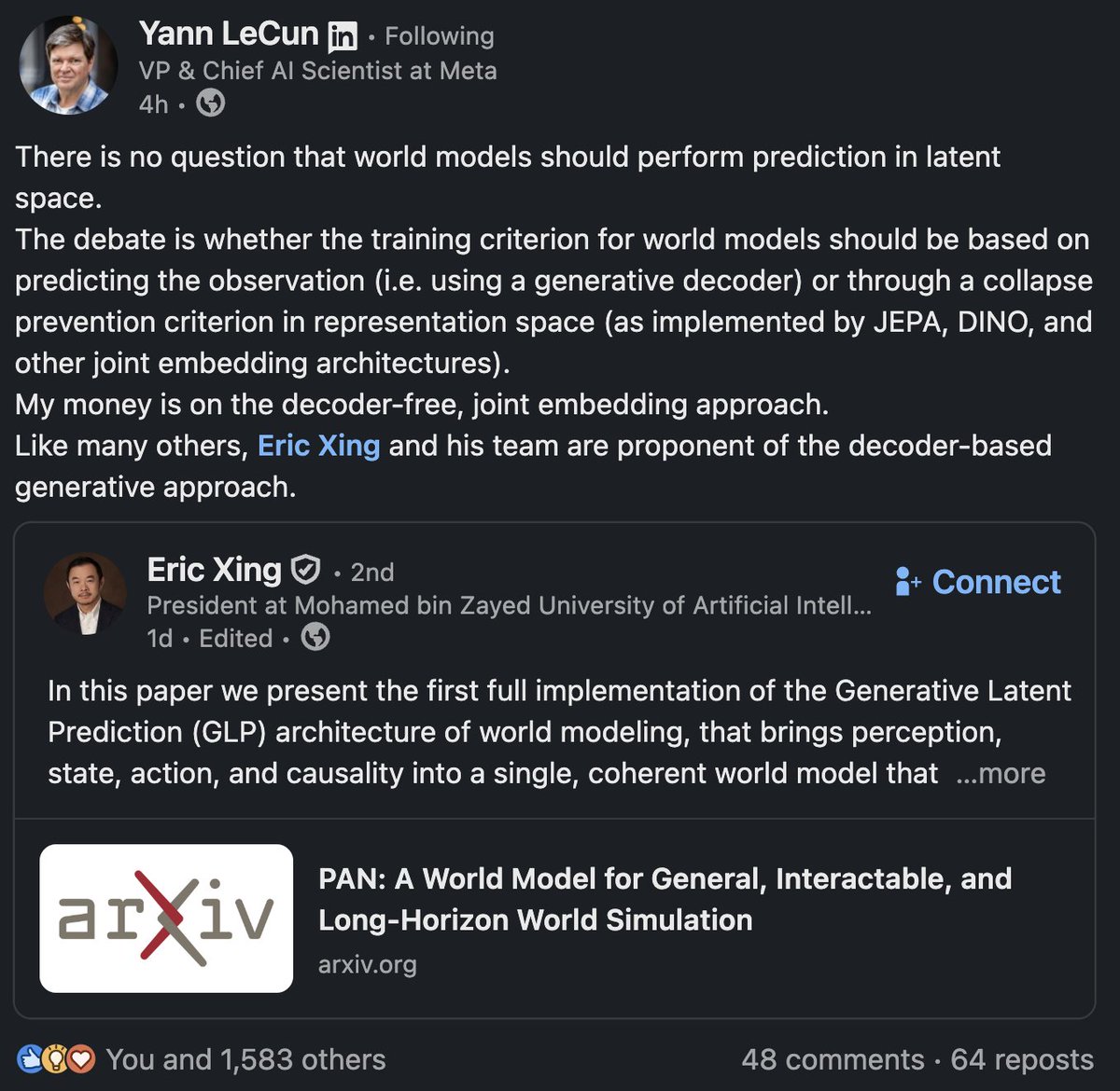 More hints of what LeCun will be following in his new AI lab. No one is following the direction he has been proposing for years. All the labs that claim to work on world models (including DeepMind and even World Labs so far) are using some sort of generative process to make a