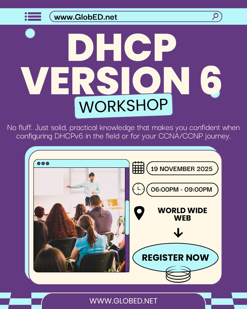 NetworkingDrs's tweet image. Think you’ve got DHCP on lock? Not in IPv6 land. 😎
Level up with DHCPv6 — hands-on, fast, and zero fluff.
💥 You’ll learn: VLANs, DHCPv6 pools, DUIDs, IPv6 routing &amp;amp; more.
🗓 Nov 19, 2025 | 6–9 PM EST
🎯 Join here: rpb.li/g2C