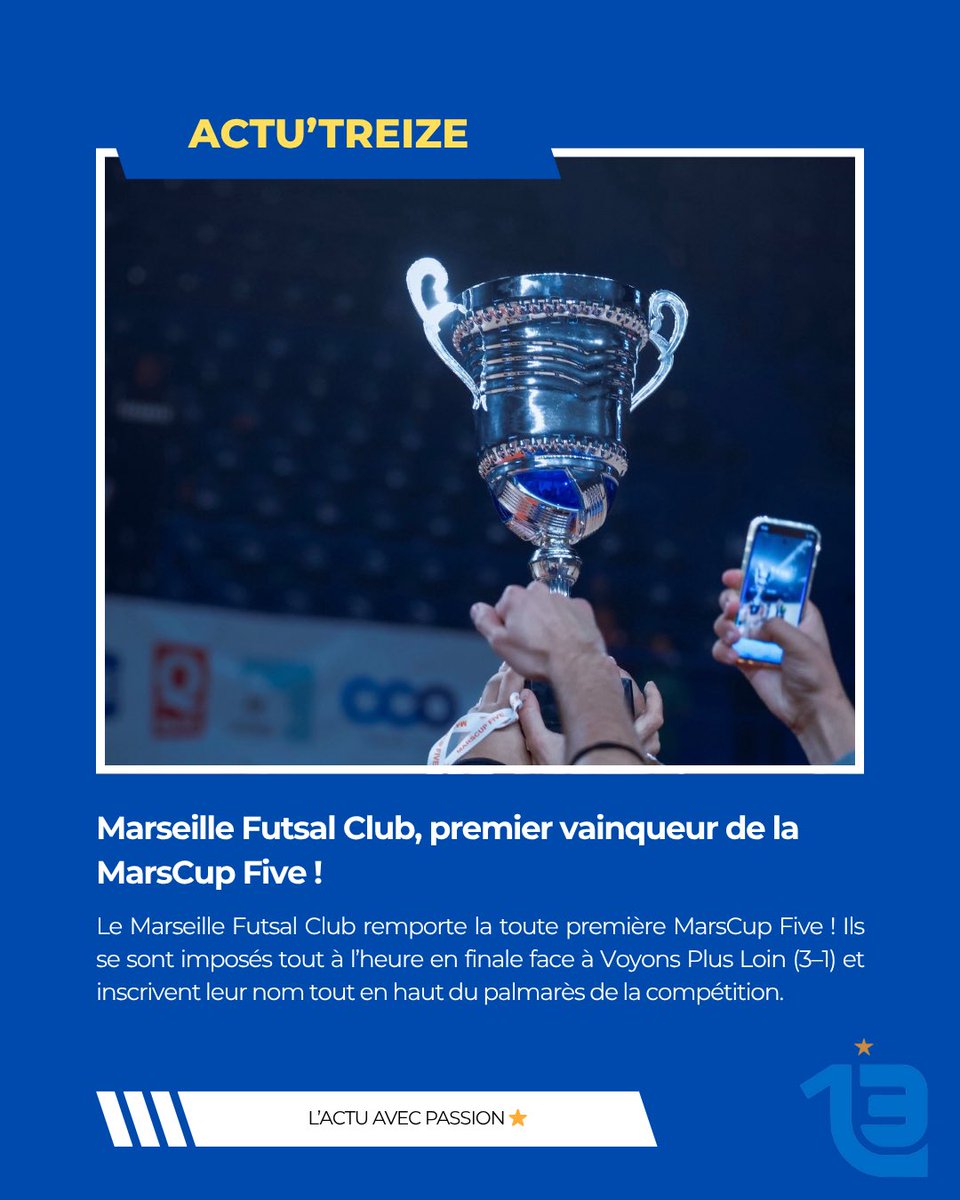 treize013's tweet photo. ℹ️ Le Marseille Futsal Club a soulevé la première MarsCup Five ce soir ! Au terme d’un tournoi rythmé, ils ont dominé la finale contre Voyons Plus Loin (3–1). Cette édition inaugurale aura livré un niveau de jeu élevé, des matches serrés et une ambiance au top du début à la fin.

🔔 Abonne-toi à Treize013 pour suivre toute l'actualité du 13 !