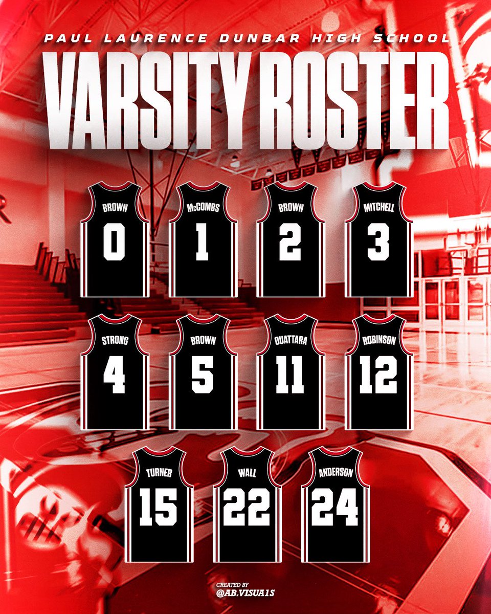 Here are Official Jersey Numbers for your 2025-2026 Paul Laurence Dunbar Varsity Boys Basketball Team! 

Who’s Jersey # Will You Be Repping This Season at #TheMecca? 🔴⚫️
#DunbarBasketball #RaisingTheBAR